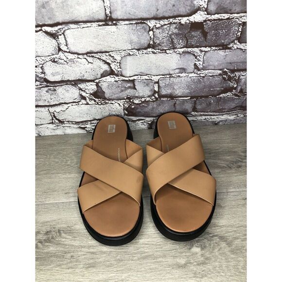 Fitflop F-Mode Brown Leather Flatform Cross Strap Slides Women’s Sz 10M US/42EU - Picture 9 of 16